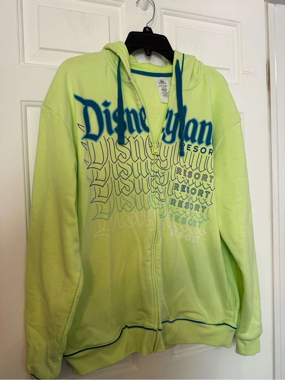 Disneyland Resort Neon Green Graphic Full Zip Hoodie LARGE Blue Contrast